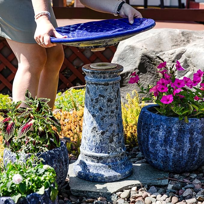 Sunnydaze Rennes Outdoor Ceramic Bird Bath - 22.5" H - UV- and Frost-Resistant - Glazed Bowl with Blue Lava Finish-VerdiqueGarden