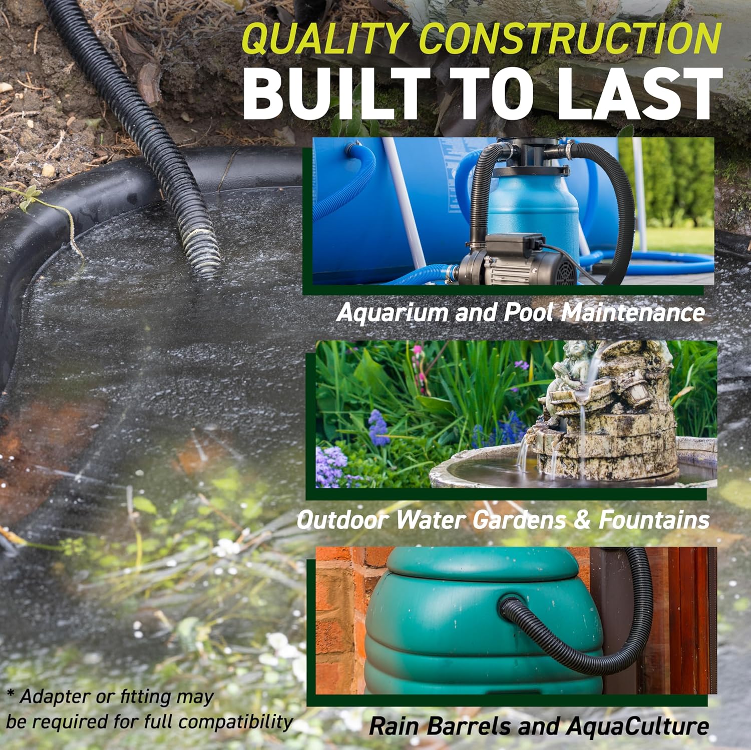 Sealproof Kinkproof 1-1/2" Dia Waterfall, Pond Tubing, 1-1/2-Inch ID, 20 FT, Black Corrugated PVC Strong Flexible Tubing, Made in USA-VerdiqueGarden