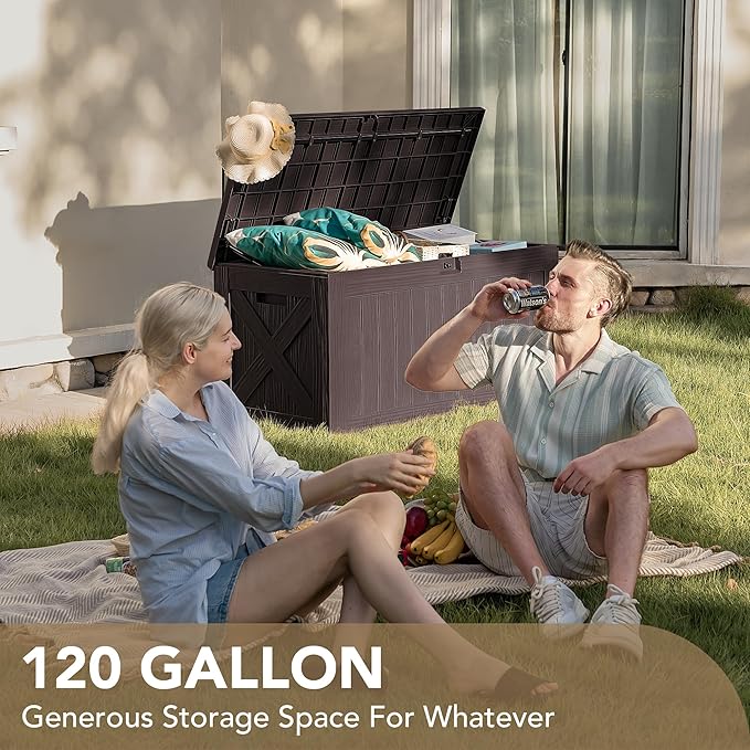 Devoko 120 Gallon Deck Box Resin Outdoor Storage Box Waterproof for Patio, Large Outdoor Storage Bench Lockable for Outside (Deep Brown)-VerdiqueGarden