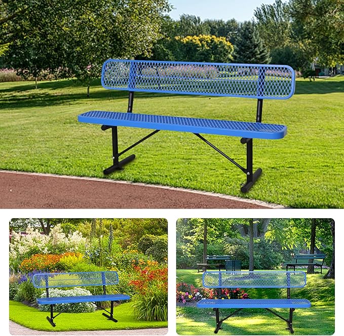 6FT Outdoor Benches Heavy Duty Park Bench with Back Portable Frame, Blue Metal Steel Bench, Outdoor Garden Bench Expanded Metal Mesh Bench for Lawn, Park, Deck, Garden, Patio, Porch, Black (Blue, 6FT)-VerdiqueGarden