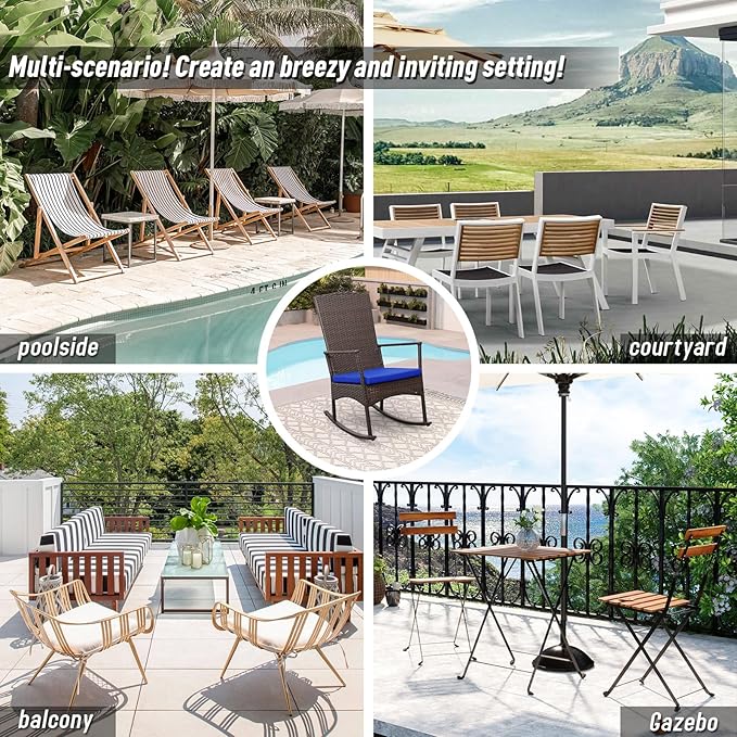 Outdoor Rocking Chairs Set - 3 High-Backed Patio Rockers with Bistro Table & Anti-Slip Cushions, Dark Blue-VerdiqueGarden