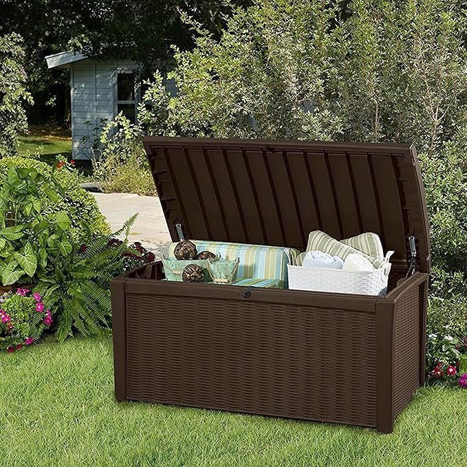 Keter Outdoor Storage Deck Box, for Patio, Backyard & Garden, Borneo, 110 Gallon, Brown - Lockable, Organizing, and Waterproof Plastic Container Bench-VerdiqueGarden