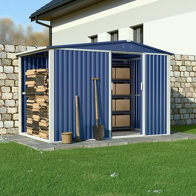 Metal Outdoor Storage Shed 10FT x 6FT with Firewood Storage, Steel Utility Tool Shed Storage House with Sliding Door, Metal Sheds Outdoor Storage for Backyard Garden Patio Lawn, Blue-VerdiqueGarden