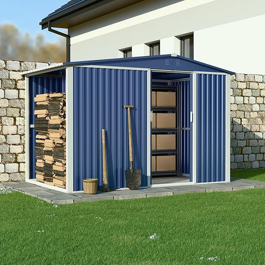 Metal Outdoor Storage Shed 10FT x 6FT with Firewood Storage, Steel Utility Tool Shed Storage House with Sliding Door, Metal Sheds Outdoor Storage for Backyard Garden Patio Lawn, Blue-VerdiqueGarden