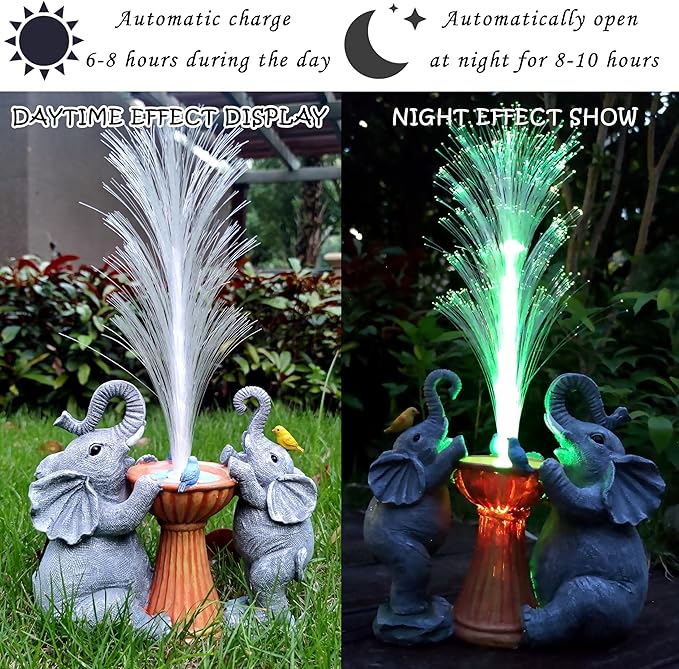 Elephant Statue Solar Garden Decor,Resin Elephant Statue and Colour Changing Optical Fiber Solar Lights,Outdoor Decor for Balcony, Garden, Patio, Yard, Lawn, Gifts for Mom Grandma-VerdiqueGarden