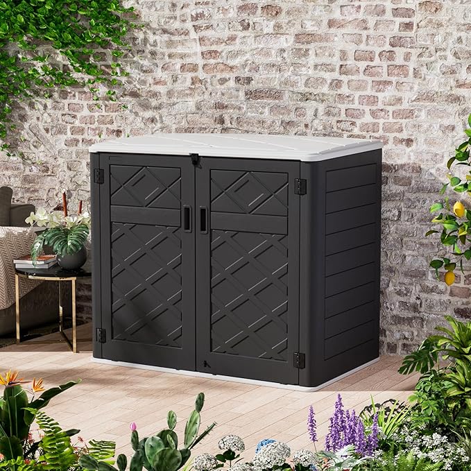 Resin Outdoor Storage Shed, 38 cu.ft Outdoor Storage Box Waterproof for Garden Tools, Patio Furniture, Trash Cans, Garage Storage, Lockable (Black)-VerdiqueGarden