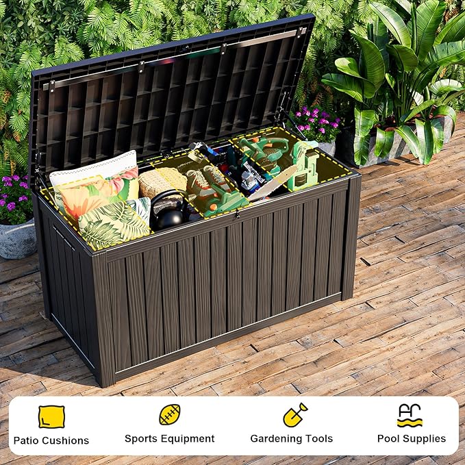 150 Gallon Outdoor Deck Box,Storage Lockable Waterproof Patio Furniture,Garden Tools,Cushions,Pool Accessories Outside Storage Resin Box(Black)-VerdiqueGarden