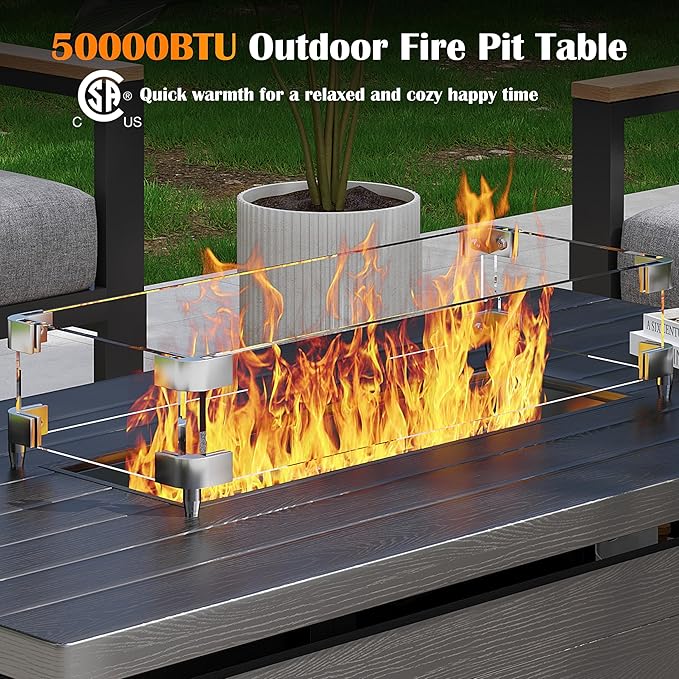 Sundale Outdoor 51 Inch Outdoor Fire Pit Table, 50,000 BTU Rectangle Propane Fire Pit with Glass Wind Guard, Rain Cover, Removable Lid, Matching with Outdoor Furniture Sets, CSA Certified, Gray-VerdiqueGarden