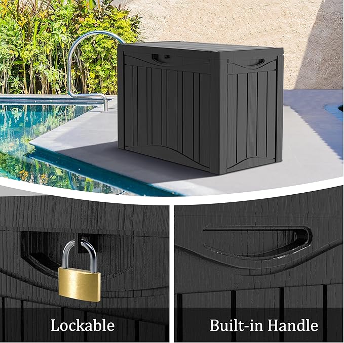 50 Gallon Lockable Resin Deck Box, Waterproof & UV-Resistant Outdoor Storage Box for Outdoor Cushion Storage, Garden Tools & Pool Accessories Storage, Black-VerdiqueGarden