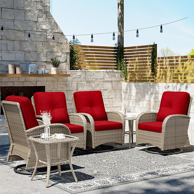 Joyside Outdoor Swivel Rocker Chairs, 6 Piece Wicker Patio Set with Thick Cushion and Side Table, Rattan Patio Swivel Rocking Chairs for Porch, Deck Use (Natural/Red, 6 PCS)-VerdiqueGarden