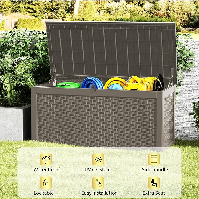 320 Gallon Lockable Resin Deck Box, Waterproof & UV-Resistant Outdoor Storage Box for Outdoor Cushion Storage, Garden Tools & Pool Accessories Storage, Gray-VerdiqueGarden