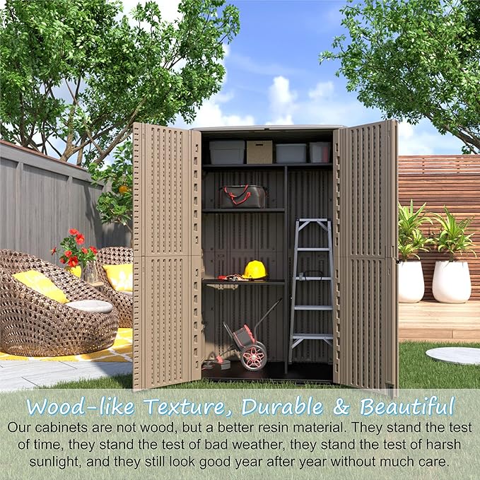 Sheds & Outdoor Storage, 52 Cu.ft Vertical Storage with Floor, Cabinet Waterproof for Garage Pool Bike Shed, Garden , Coffee Brown-VerdiqueGarden