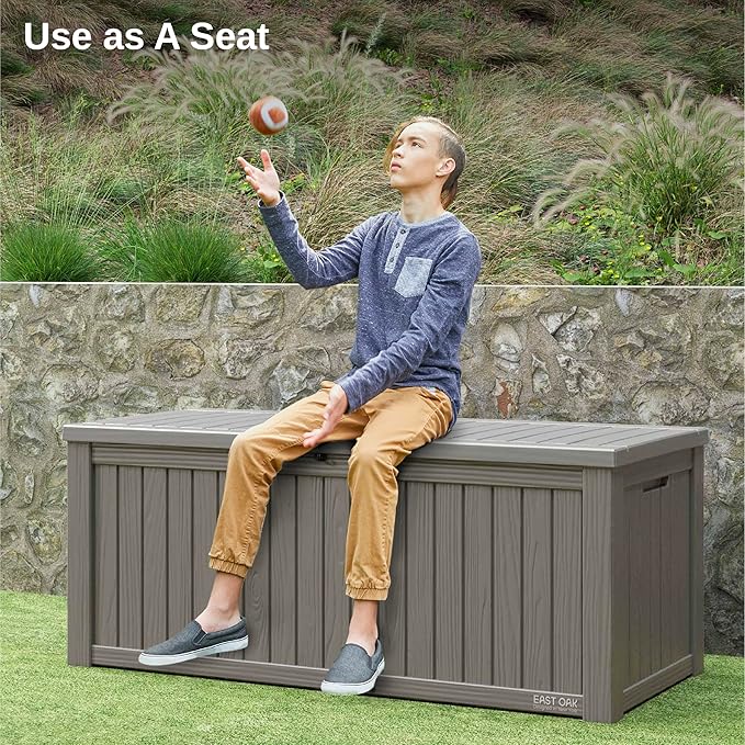 EAST OAK Outdoor Storage Box, 150 Gallon Deck Box, Large Resin Storage Bin for Patio Cushions, Gardening Tools, Lockable, Waterproof and UV Resistant, Grey-VerdiqueGarden