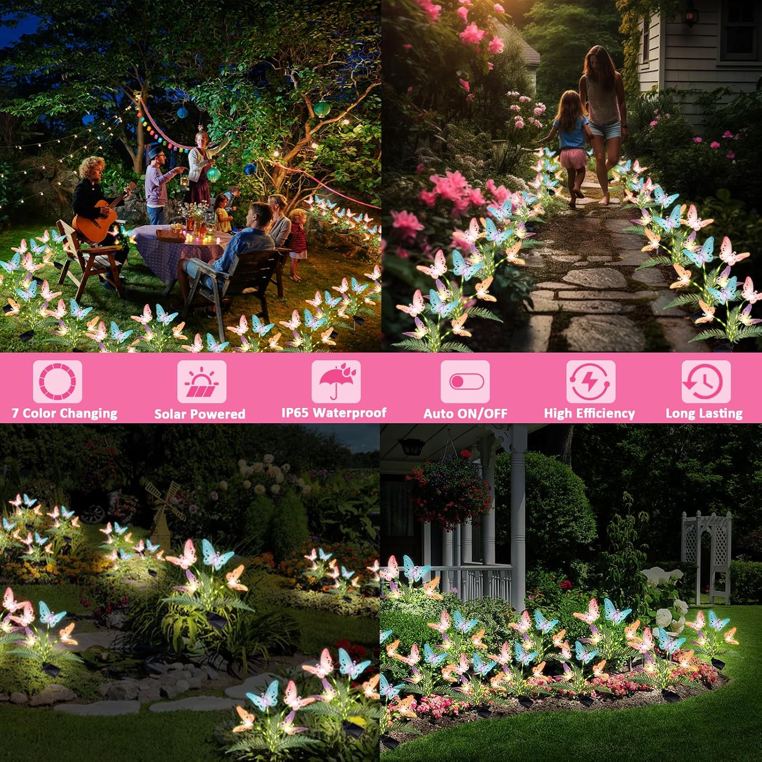 Solar Lights Outdoor Decorations Waterproof Newest Solar Garden Lights with Glowing Stems, 7-Color Changing Butterfly Flower Light for Outside Yard Pathway Garden Decor, Gift for Mother,2Pack-VerdiqueGarden