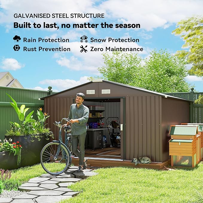 Outsunny 11' x 13' Outdoor Storage Shed, Garden Tool Metal Shed with Foundation Kit, Double Lockable Door, Air Vents and Sloping Roof, for Backyard, Patio, Lawn, Brown-VerdiqueGarden