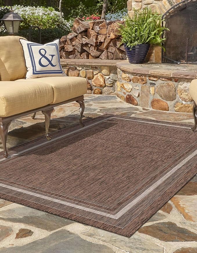 Unique Loom Outdoor Border Collection Area Rug - Soft Border (10' x 14' 1" Rectangle Brown/Ivory)-VerdiqueGarden