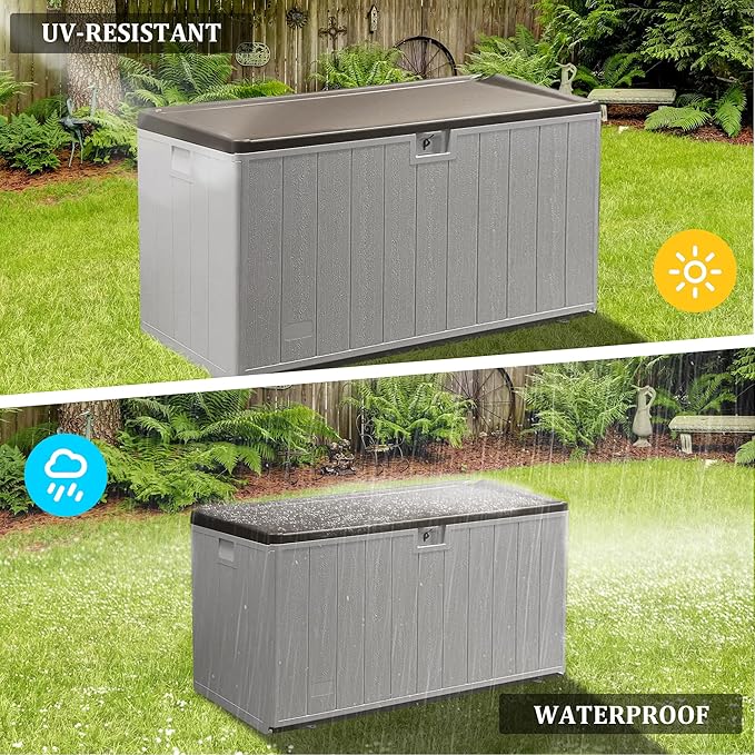 110 Gallon Pro Outdoor Storage Box Waterproof Lockable Deck Box Large, Patio Storage Bin for Pool Accessories Cushion Furniture, Garden Tools, UV-Resistant Outside Delivery, Grayish Brown-VerdiqueGarden