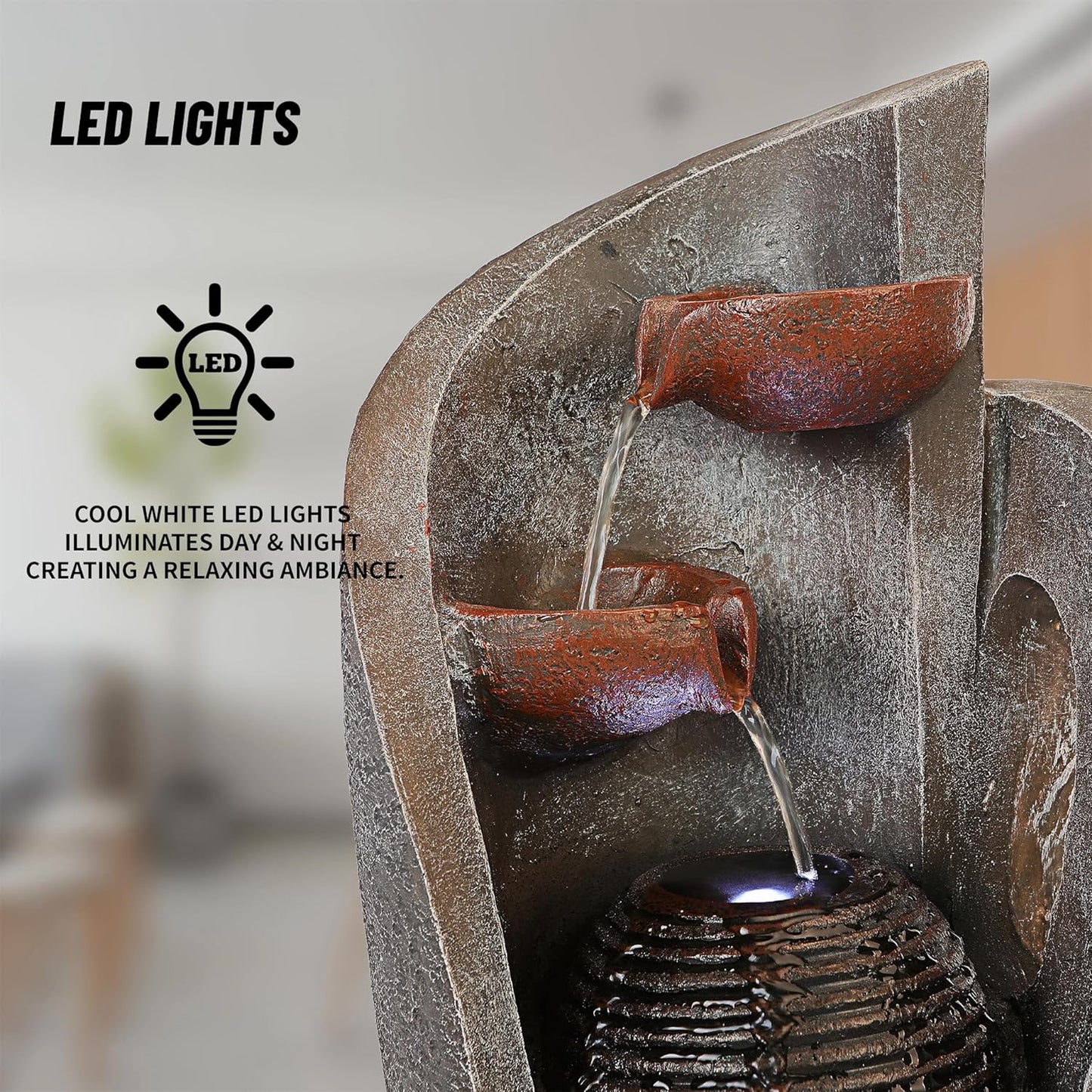 16 inch Waterfall Fountain Indoor-Tabletop Water Fountain-Outdoor Waterfall Spilling into pots Hung on monolithic Water Wall-with LED Lights-Soothing Indoor Waterfall Sounds from Water Machine-VerdiqueGarden