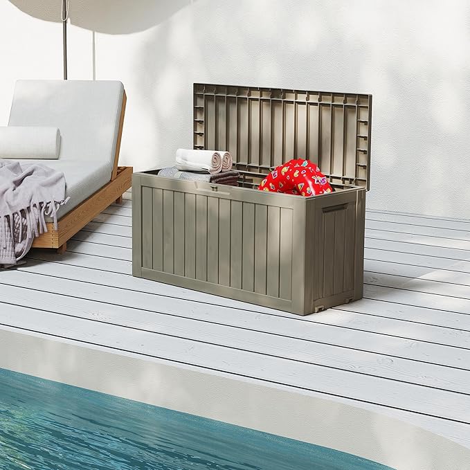 90 Gallon Outdoor Cushion Storage - Waterproof Deck Boxes for Outdoor, Space-Saving Deck Box with Lock for Patio/Pool Accessories, UV-Resistant Resin, Granite Grey-VerdiqueGarden