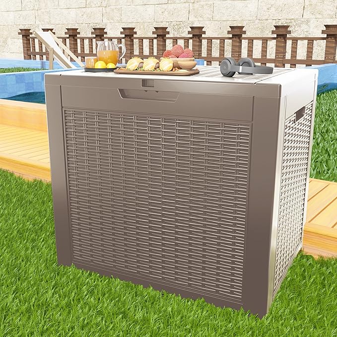 31 Gallon Outdoor Deck Box,Storage Lockable Waterproof Patio Furniture,Garden Tools,Cushions,Pool Accessories Outside Storage Resin Box(Grey)-VerdiqueGarden