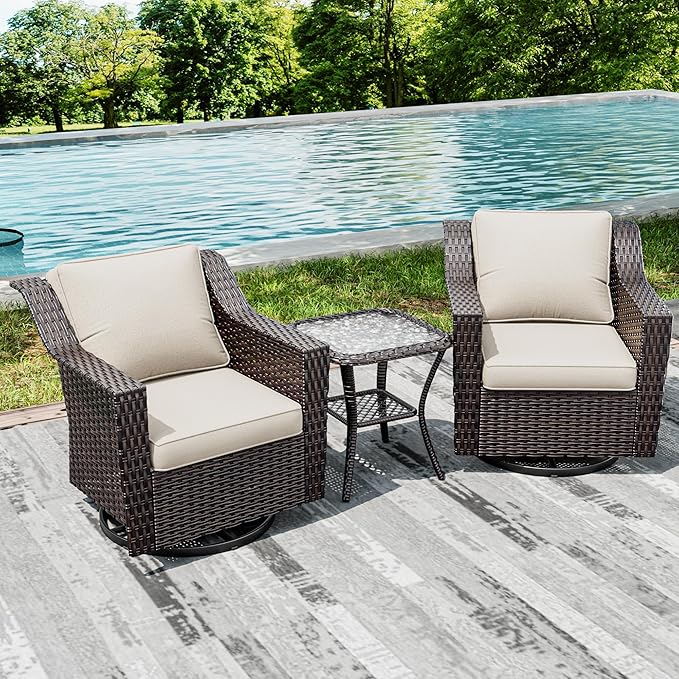 Joyside Wicker Patio Furniture Sets, 3 Pieces Upgraded Large Size Outdoor Furniture with 2 Patio Swivel Chairs and 1 Side Table, Thick Cushions, Wide Armrest-VerdiqueGarden