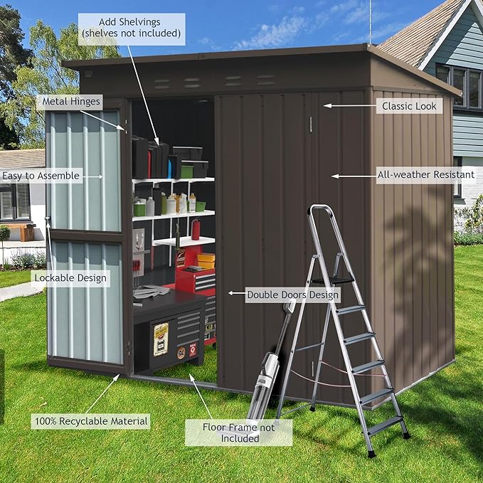 Domi Outdoor Storage Shed 6' x 4.5’, Metal Garden Shed with Galvanized Steel Frame for Bike, Tools, Lawn Mowers, Pool Toys, Outdoor Storage Cabinet with Lockable Door for Garden Lawn Patio (Brown)-VerdiqueGarden