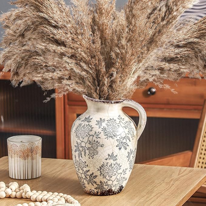 Enra Vintage vase with Handle,Blue and White Ceramic Decorative Flower vase, Chinoiserie Floral Vase,Large Rustic Vases for Home Decors, Living Room, Bookshelf, Office，9.7 inch-VerdiqueGarden