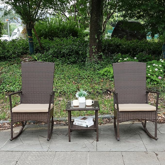 Outdoor Rocking Chair 3 Pieces High-Backed Rocking Chair Outdoor Patio Rocking Chairs Outdoor Table, Khaki-VerdiqueGarden