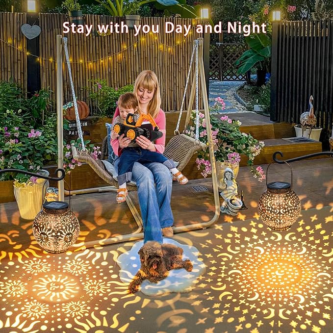 Go2garden Outdoor Solar Lanterns Waterproof Garden Gifts Women Yard Decorations Metal Moon Sun Hanging Solar Lights for Patio, Balcony, Tabletop,Birthday Mothers Day Gifts for Mom (Bronze,2Pack)-VerdiqueGarden