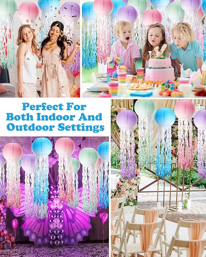 18 Pcs Jellyfish Paper Lanterns Mermaid Birthday Decorations Hanging Lantern Lamps for Ocean Theme Decor Under The Sea Party Supplies(Gradient Color)-VerdiqueGarden