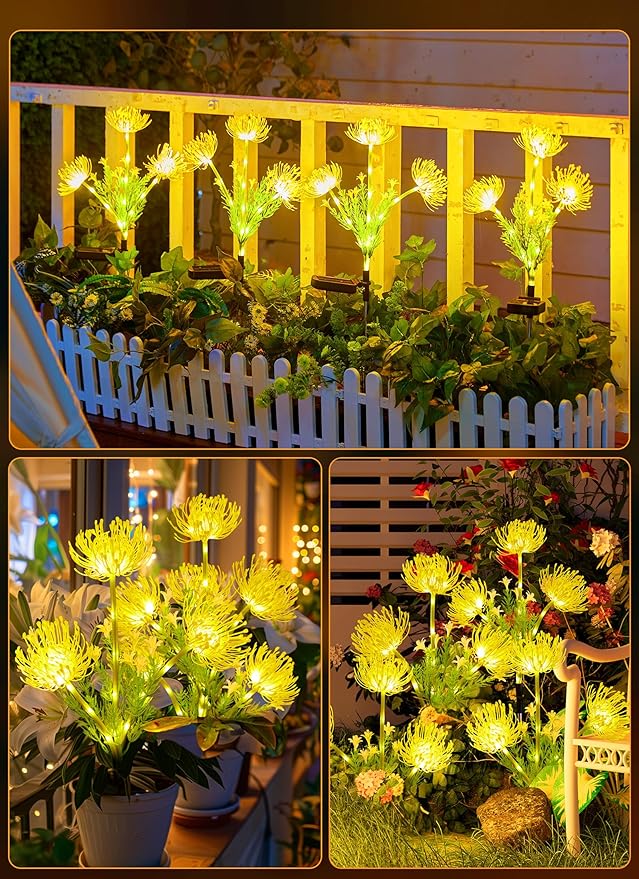 Brightown Outdoor Solar Garden Lights - 4 Pack LED Solar Flower Lights with Glowing Flowers & Stems, More Realistic, Bigger Solar Panel, Waterproof Solar Lights for Outside Yard Patio Home, Yellow-VerdiqueGarden