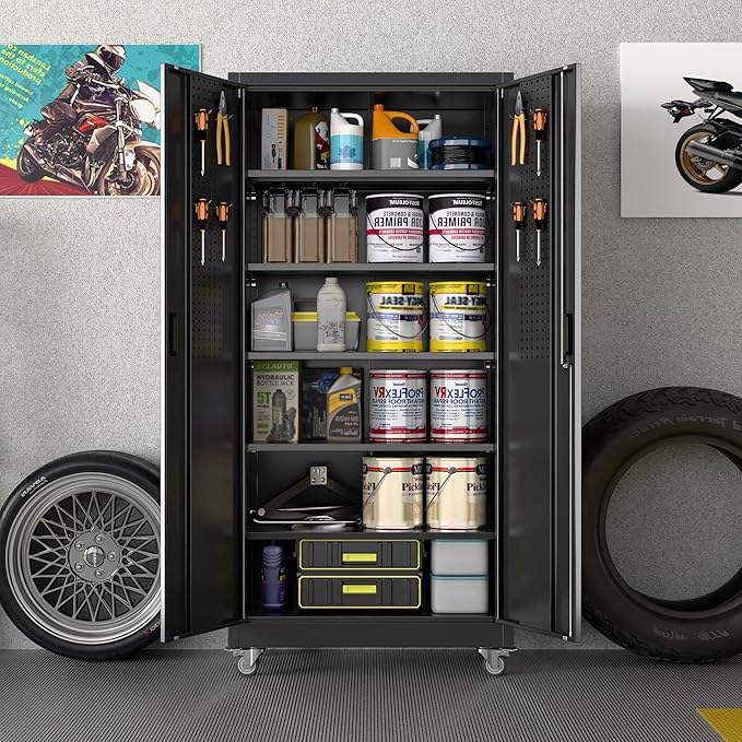 Garage Storage Cabinet with Wheels & Pegboard, 71" H×34" W×18" D Locking Metal Storage Cabinet with 2 Doors and 5 Adjustable Shelves for Garage Workshop Home, Black, Assembly Required-VerdiqueGarden