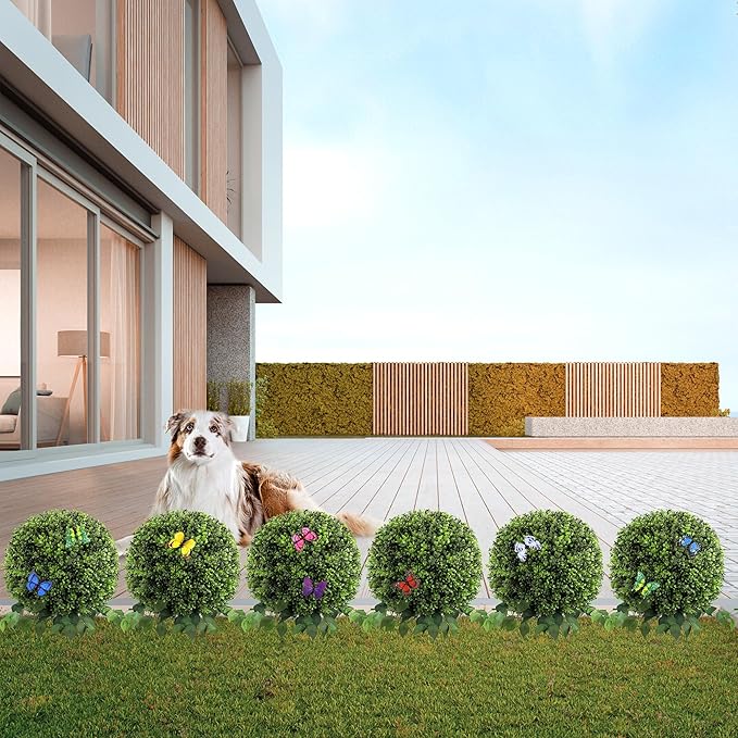 28" Artificial Boxwood Ball Bush, UV Resistant Topiary Tree Faux Boxwood Ball Shaped Porch Bushes with Ground Spike Artificial Bushes for Outdoors Front Door Decor Home Garden (6, Green)-VerdiqueGarden