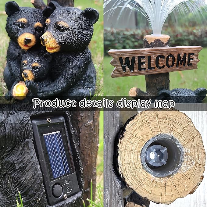 Solar Bear Garden Statues,Resin Black Bear Family Figurine with Welcome Card and 7-Color Changing Optical Fiber with Solar Lights, Lawn Decor Outdoor Statue for Patio,Balcony,Yard,Lawn-VerdiqueGarden