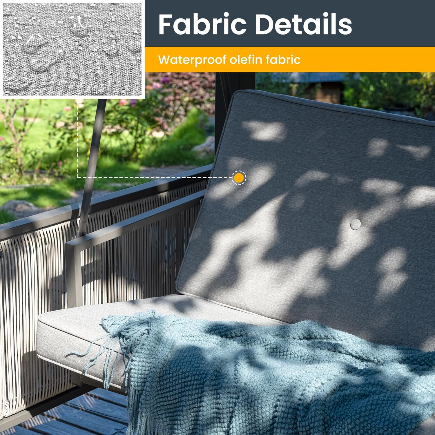 Pamapic 3-Seat Porch Swing Bed with Adjustable Canopy, Outdoor Hanging Swing Chair with Stand, Wicker Armrests, Patio Hammock Swinging for Porch, Backyard, or Garden, Comfortable Cushion, Gray-VerdiqueGarden