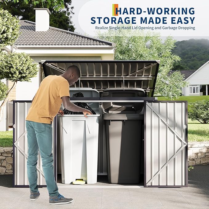 2 Trash Cans Metal Outdoor Storage, 3x6 FT Garbage Bin Storage Shed with Chain Lid, Garbage Can Metal Sheds for Garden, Backyard, Lawn and Patio-VerdiqueGarden