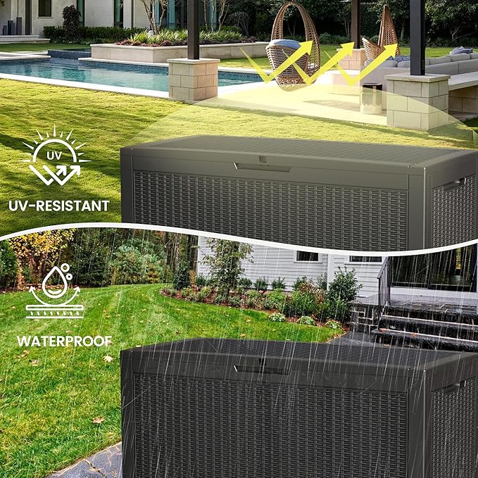 100 Gallon Storage Box, Waterproof Resin Deck Box with Hydraulic Piston Design, Lockable Storage Bench for Package Delivery, Storage Bin for Patio Cushions, Garden Tools, Black-VerdiqueGarden