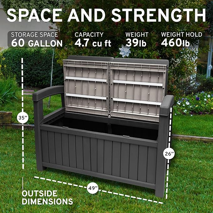 EconoHome 2 Seat Outdoor Storage Bench with Rain Cover - 60 Gallon Capacity - Weatherproof Resin Bench for Patio, Porch, Garden, Yard, Pool Area - Furniture for Pool Accessories, Gardening Tools-VerdiqueGarden