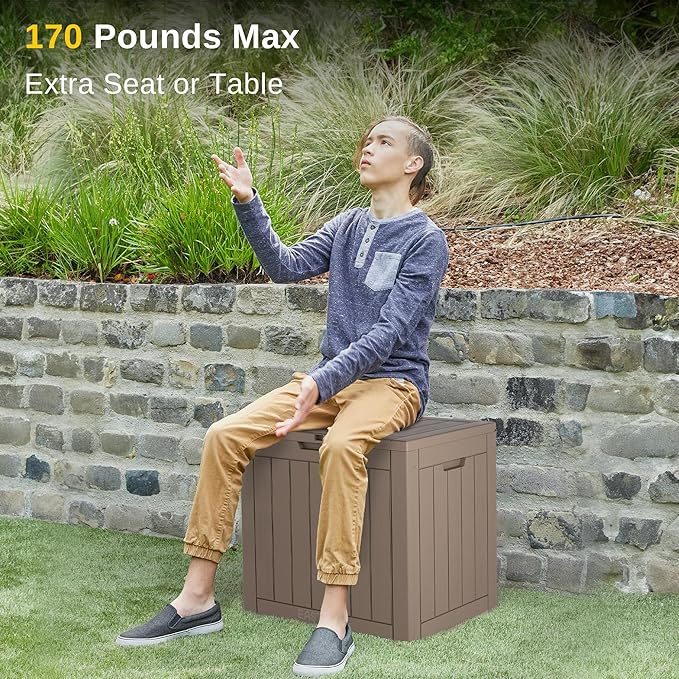 EAST OAK Outdoor Storage Box, 31 Gallon Deck Box, Waterproof Resin Storage Bin for Patio Cushions, Gardening Tools, Accessories, Lockable, UV Resistant, Brown-VerdiqueGarden