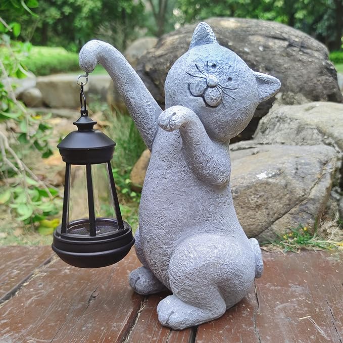 Cat Solar Garden Statues,Resin Cat Figurine Decorations with Solar Lights Lantern, Outdoor Figurines Lawn Cats Statue Decor Art for Lawn,Yard, Balcony Ornament,Gift for Garden Home Mom.-VerdiqueGarden