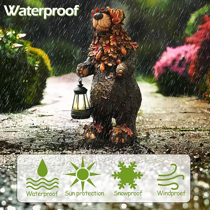 Solar Garden Statue Bear Figurine, Garden Art Outdoor Statues with Solar Lantern, Loving Bear for Patio, Balcony, Yard, Lawn, Unique Housewarming Gifts-VerdiqueGarden
