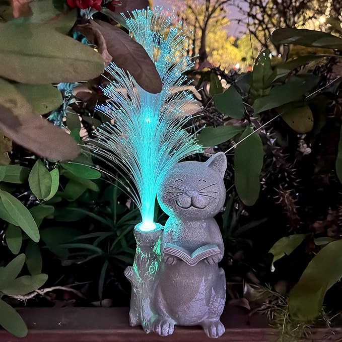 Cat Solar Garden Statues,Resin Cat Figurine Reading a Book and 7-Color Changing Optical Fiber with Solar Lights, Lawn Decor Outdoor Statue for Patio,Balcony,Yard,Lawn Ornament-VerdiqueGarden