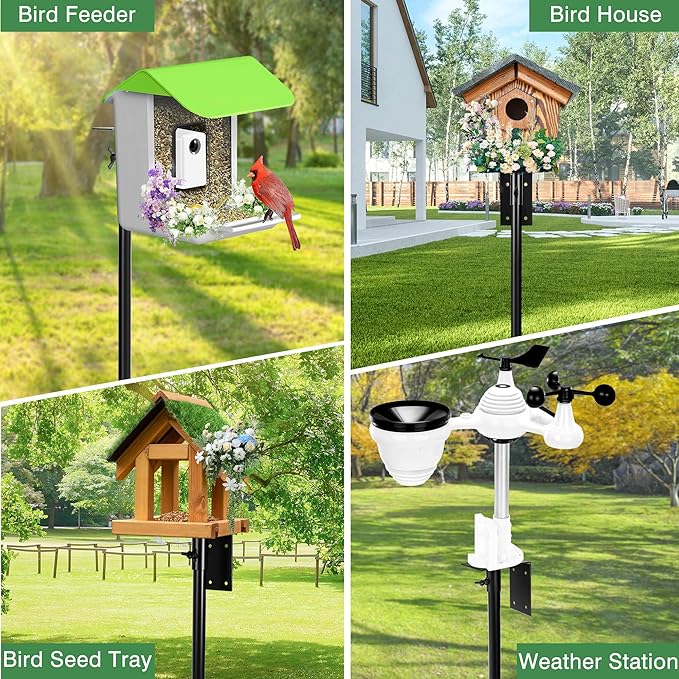 Bird Feeder Pole, 79 Inch Heavy Duty Bird House Pole Mount Kit for Outdoors, Adjustable Metal Bird Feeding Stand, with 2-Hooks, 5-Prong Base for Hanging Feeders, Black-VerdiqueGarden