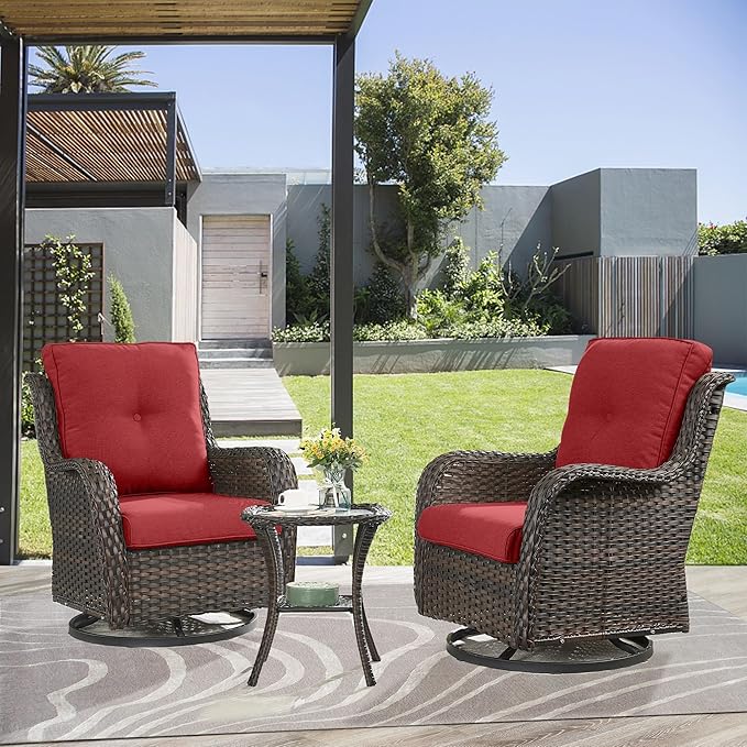 Outdoor Swivel Rocker Patio Chairs - 3 Piece Outdoor Bistro Set Wicker Patio Rocking Chairs Set of 2 with Side Table, 360 Degree Swivel Glider Seating for Porch Balcony Deck Brown/Red-VerdiqueGarden
