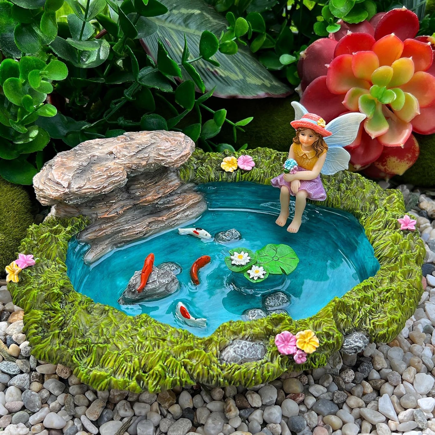 Mood Lab Fairy Garden - Miniature Fish Pond & Fairy Figurine Kit - 2 pcs Set of Garden Accessories - Outdoor or House Decor-VerdiqueGarden