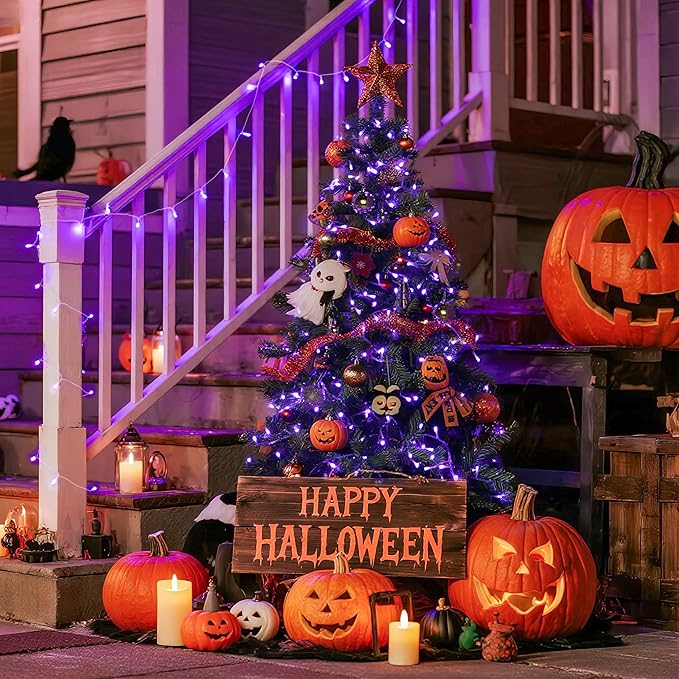 JMEXSUSS Connectable 100 LED Purple Halloween Lights Indoor, 8 Modes Plug in Purple Christmas String Lights Clear Wire, 33ft Christmas Tree Light Outdoor for Halloween Tree, Garden, Bedroom-VerdiqueGarden
