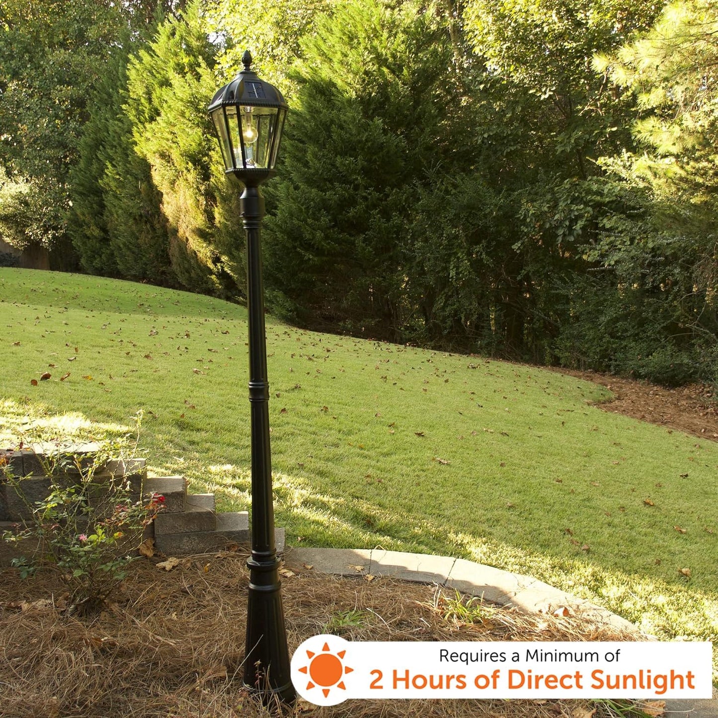 Gama Sonic Solar Outdoor Lamp Post Light, Black Cast Aluminum and Beveled Glass Panels, 10-Year Royal Bulb, Warm White LED with Omni-Direction Reflector, 87-inch Height, 98B001 (Upgraded Panel)-VerdiqueGarden