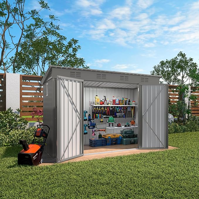 4 * 9.2 * 6 FT Outdoor Storage Shed, Galvanized Steel Garden Shed with Lockable Door & Window, Waterproof Metal Tool Storage for Garden, Backyard, Patio, Lawn(Gray)-VerdiqueGarden