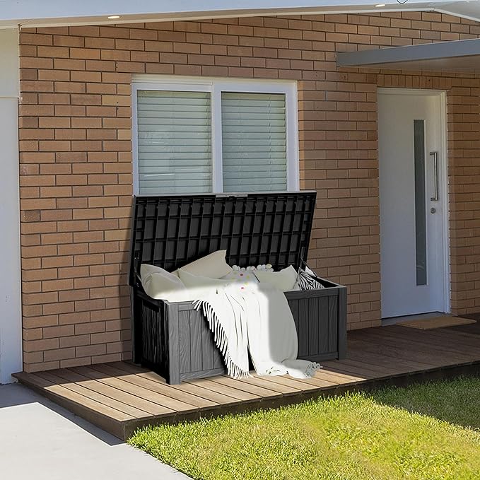 150 Gallon Lockable Resin Deck Box, Waterproof & UV-Resistant Outdoor Storage Box for Outdoor Cushion Storage, Garden Tools & Pool Accessories Storage, Black-VerdiqueGarden