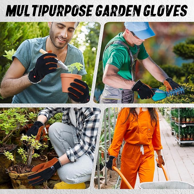 HLDD HANDLANDY Leather Work Gloves for Men & Women, Adjustable Wrist Cowhide Gardening Glove with Reinforced Palm for Driver-VerdiqueGarden
